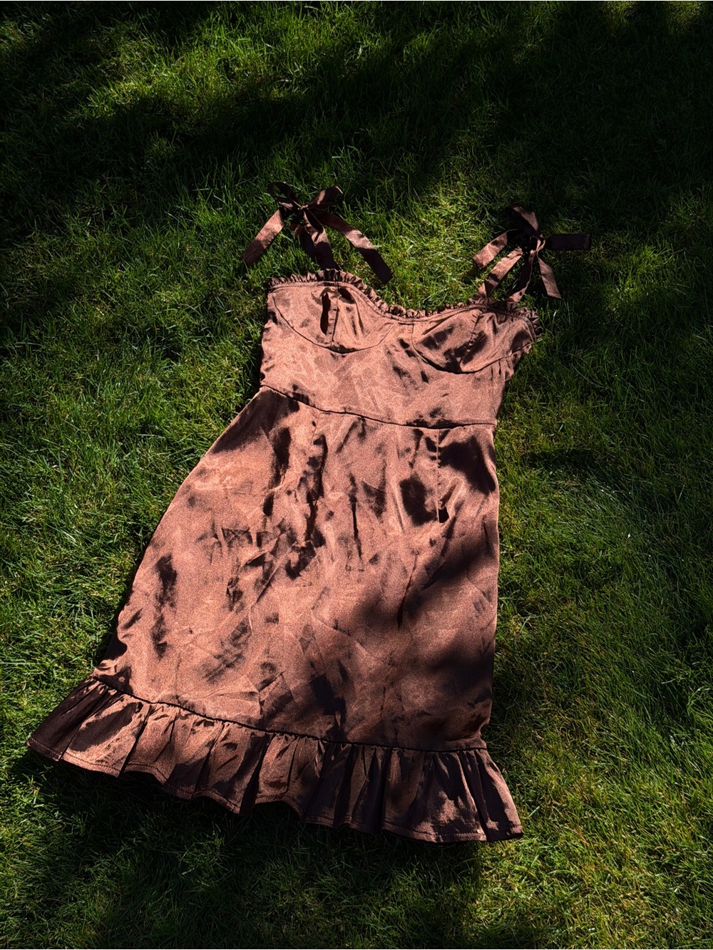 Urban Threads Satin Tie-Strap Ruffle Hem Dress in Brown